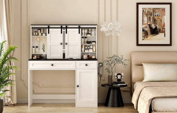 English Elm Farmhouse Vanity Table with Lighted Mirror Drawers and Hair Tool Storage for Bedroom W1321P423102