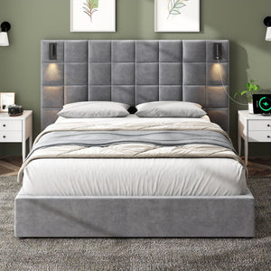 English Elm Queen Velvet Platform Bed Wide Headboard Built in Sconces Usb Ports Modern Bedroom N757Q200046G-1