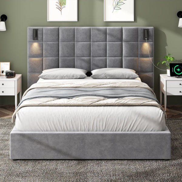 English Elm Queen Velvet Platform Bed Wide Headboard Built in Sconces Usb Ports Modern Bedroom N757Q200046G-1