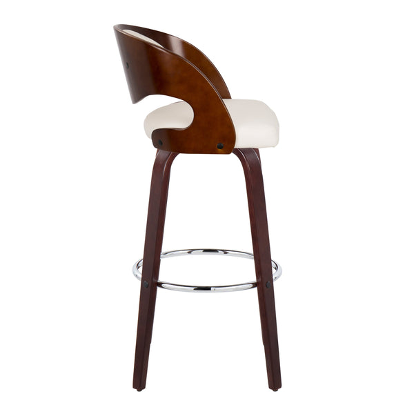 English Elm Pino 30" Mid-Century Barstool Set of 2 — 360° Swivel, White Faux Leather, Cherry Wood Legs, Chrome Footrest B202S00635