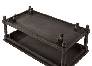 English Elm Rustic Round Wooden Coffee Table 48" Dia x 20" H with Weathered Finish, Turned Legs, Open Shelf and Button-Tufted Beige Linen Top Gray 50 L x 27 W x 10 H B2741P357617