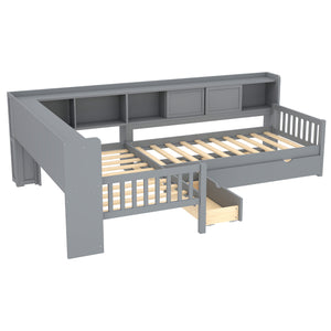 English Elm L-shaped Twin Platform Bed with Trundle, Solid Wood Corner Sleeper with Drawers, Shelves, No Box Spring Needed Grey W1580S00260