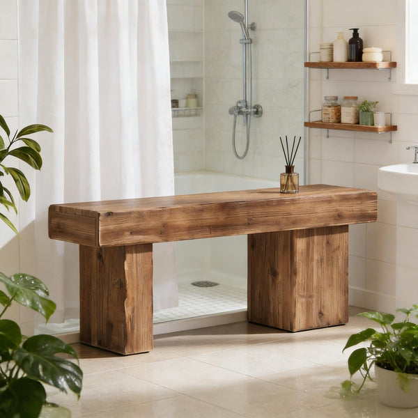 English Elm Hall Entryway Bench Solid Fir Wood Rustic Farmhouse Seat with Asymmetrical Legs T3971P453187