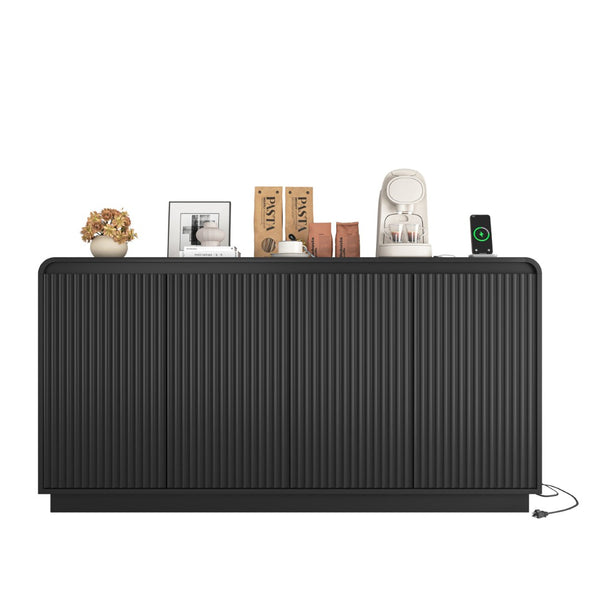 English Elm Black Fluted Wave Door Media Console with Built-in Power Outlet and Adjustable Shelving Black W409P452057