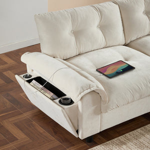 English Elm 104*60" Sectional Sofa with Hidden Ottoman Storage, Tufted Chenille, USB Ports, Cup Holder Beige N723S9806A