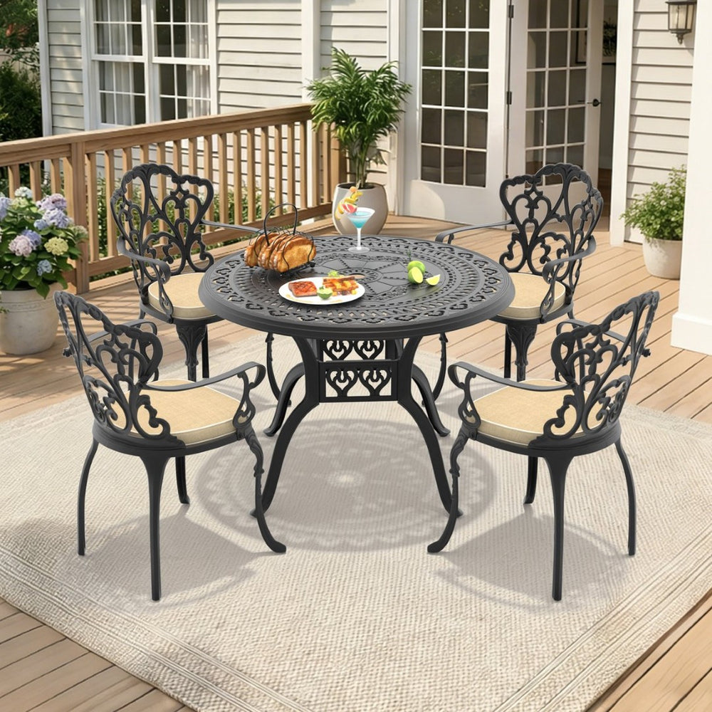 English Elm 5-piece Cast Aluminum Outdoor Dining Set with Sculpted Petal Motifs and Cushioned Chairs W1710S00548
