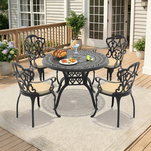 English Elm 5-piece Cast Aluminum Outdoor Dining Set with Sculpted Petal Motifs and Cushioned Chairs W1710S00548