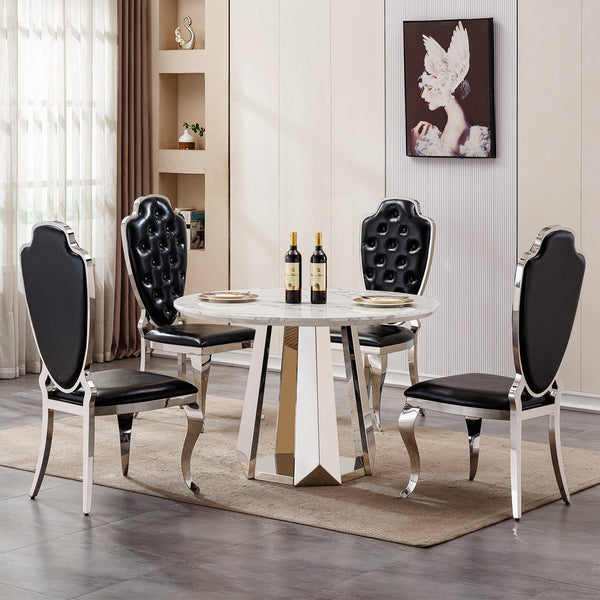 English Elm 47" Round Marble Dining Table - Modern High-Gloss Faux Marble Top With Stainless Steel Base For Style W3456S00007