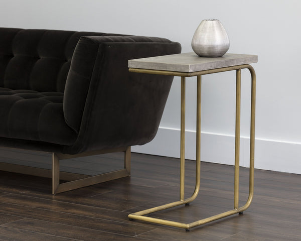 Sunpan Lucius End Table - Stylish C-Shaped Accent Table with Concrete Top & Antique Brass Base for Small Spaces