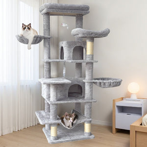 English Elm 68in Tall Six Level Plush Cat Tower with Sisal Posts Hammock Cave and Washable Perches Light Gray W243P326779