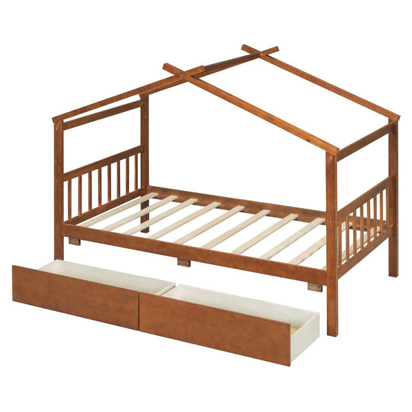 English Elm Twin House Bed Solid Pine Kids Cottage Frame with Storage Drawers Imaginative Room Walnut N708P309245L
