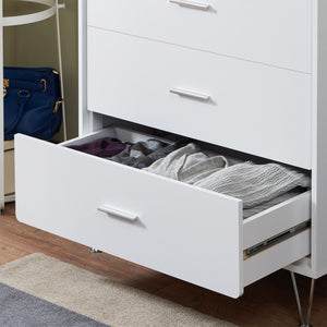 English Elm Deoss Five-Drawer White Finish Chest with Chrome Legs, Smooth Glide Ball Bearings & Safety Stop, Modern Storage B2726P256276