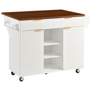 English Elm K&k Fluted Rolling Kitchen Island Faux Marble Top Power Outlet Drop Leaf Storage White N707S000019W