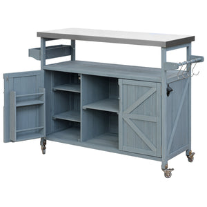 English Elm K&K Outdoor Kitchen Island Rolling Bar Cart with 1.2" Stainless Steel Top, Ample Storage, Wheels and Spice Rack Grey+Blue WF532198AAG