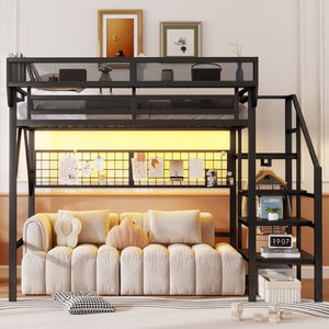English Elm Full Size Metal Loft Bed with Wardrobe Stairs Rgb Lighting Industrial Frame W2580S00051