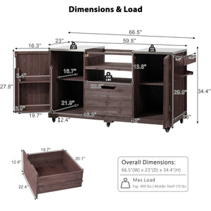 English Elm K&K 66.5" Outdoor Kitchen Island with 1.2" Stainless Steel Top, Ample Storage, Wheels & Bottle Opener Brown N707P250629Z