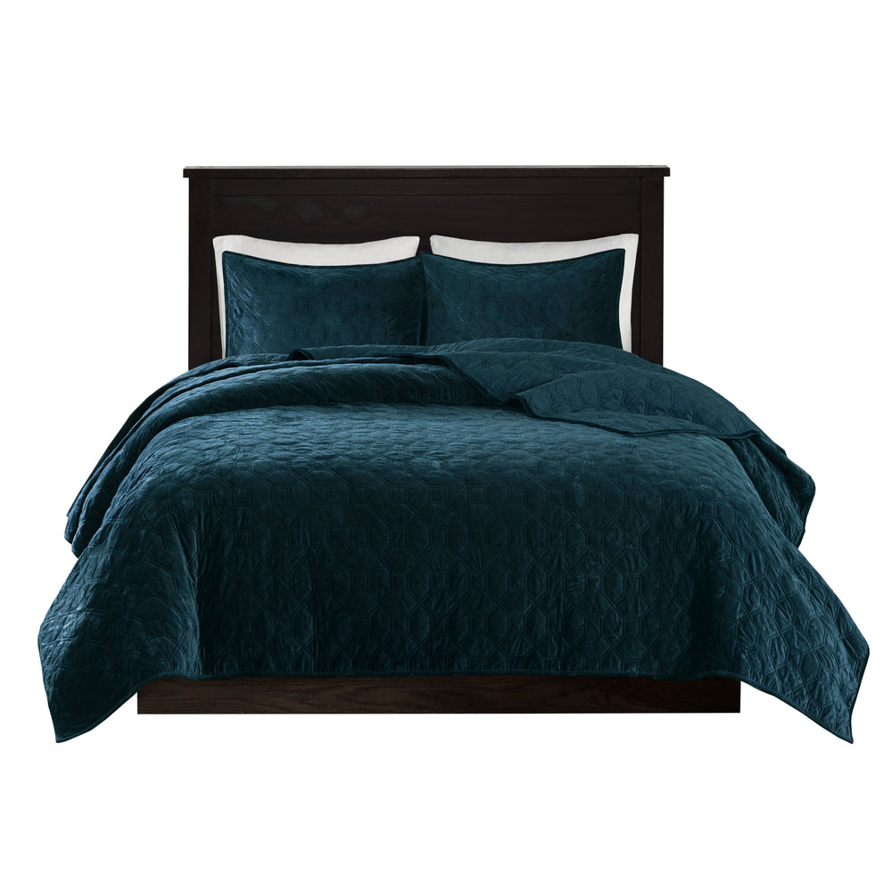 English Elm 3 Madison Park Harper Velvet Quilt Set Full/Queen with Antimicrobial Finish Plush Geometric Quilting Teal 16.14 L x 8.27 W x 17.72 H B03597495