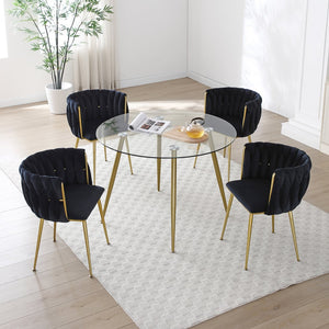 English Elm Modern Velvet Dining Chairs Set of 2 with Woven Backrest and Gold Metal Legs, Elegant Arc Design for Home Black W1117P209796