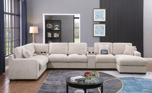 English Elm Chiara Chenille Sectional Sofa with Chaise Cupholders Usb Charging Ports Living Room Beige B2749S00237