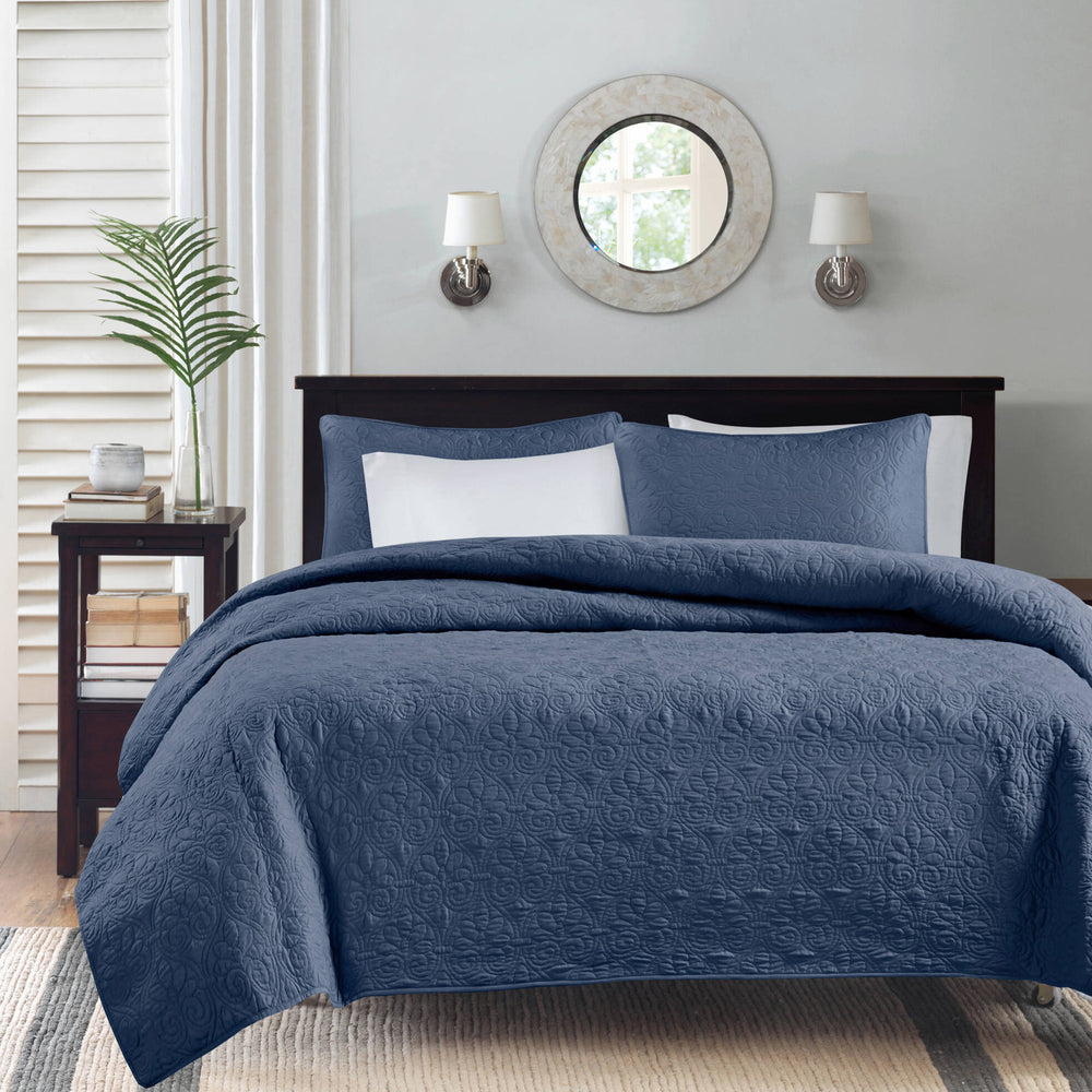 JLA Home Madison Park - 3 Reversible Quilt Set with Textured Stitching, Prewashed Cotton Fill, Antimicrobial, Year-Round Comfort Navy MP13-4972