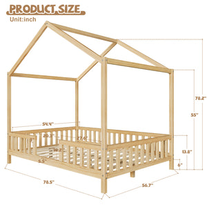 English Elm Montessori House Bed Frame Twin with Canopy & Full Guardrails, Cozy Kids Platform Bed for Toddlers Natural 77.8 L x 17.25 W x 7 H N733P356048M