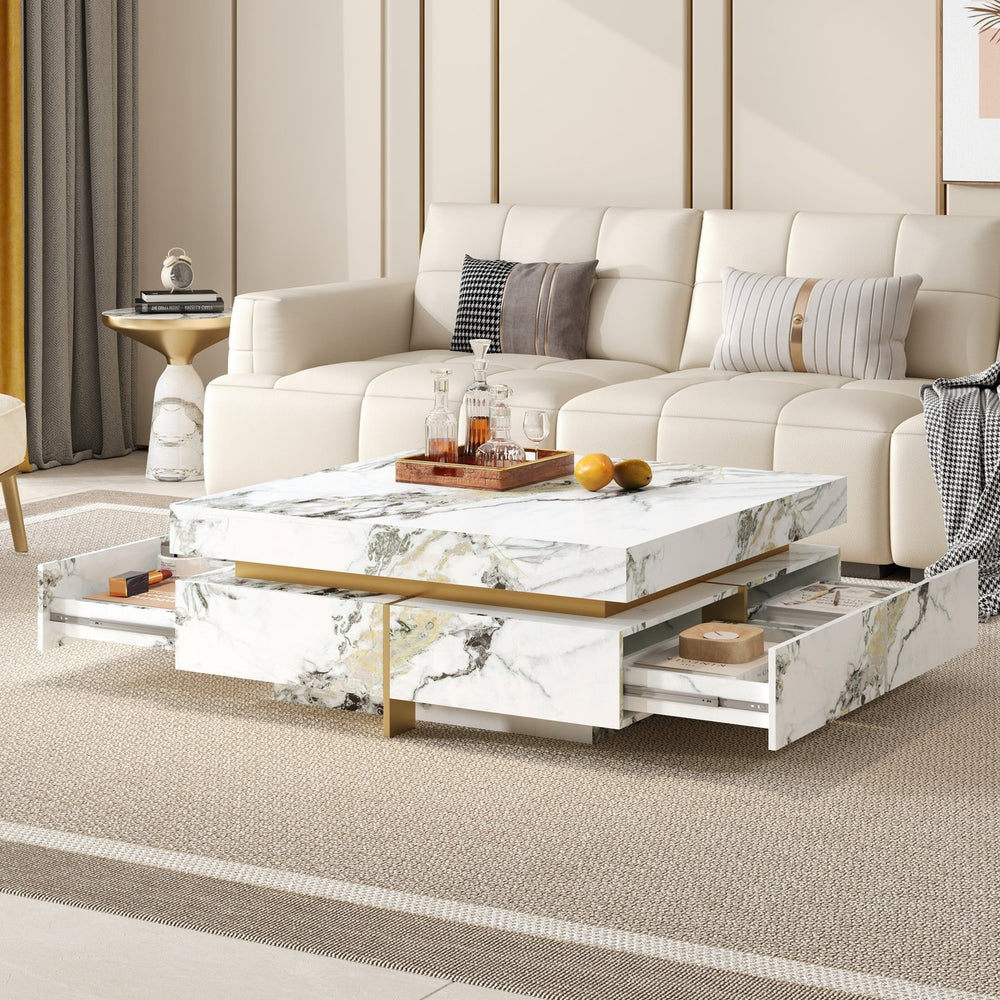 English Elm Modern Square Marble-Textured Coffee Table 43.3" White — Floating Pedestal Design, 4 Hidden Drawers, Durable Chic Storage CH350384AAK