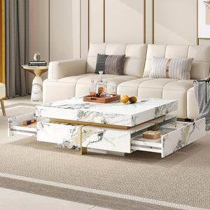 English Elm Modern Square Marble-Textured Coffee Table 43.3" White — Floating Pedestal Design, 4 Hidden Drawers, Durable Chic Storage CH350384AAK
