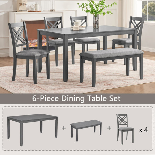 English Elm 6 Piece Rubberwood Dining Set with Bench and Linen Chairs for Transitional Kitchen W1998S00105