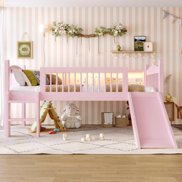 English Elm Twin Low Loft Bed Solid Pine Frame with Built-in Led Lighting and Storage Shelves Pink W1580P395929