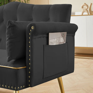 English Elm Black Velvet Tufted Two Seater Sofa with Metal Legs for Studio and Small Living Spaces Black W3985P401360