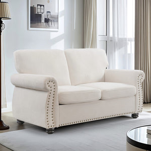 English Elm Soft Velvet Upholstered Loveseat with Turned Wood Legs Nailhead Trim Mid-century Style Ivory B2735P292313