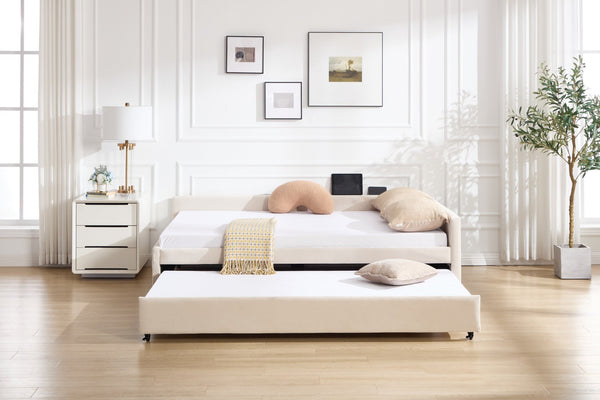 English Elm Upholstered Velvet Daybed with Pull Out Trundle Diamond Tufted Guest Bedroom Sofa Beige W1361S00069