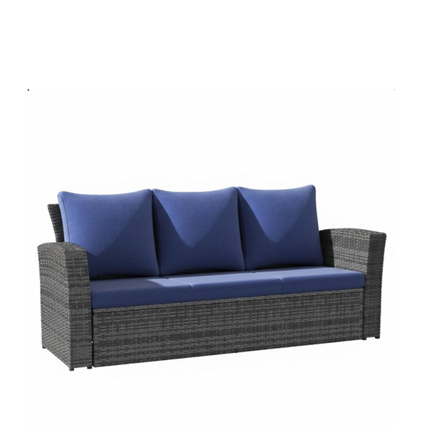English Elm 67.7" Outdoor Wicker Three Seat Sofa High Back Pe Frame Patio Lounge Furniture Blue B082P455182