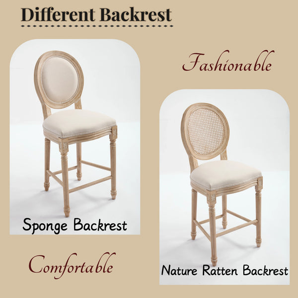 English Elm French Country 26'' Bar Chairs Set Of 2, Upholstered Comfort With Round Back, Vintage Elegance, Beige W3426P324574