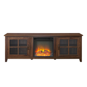 English Elm Walker Edison - Modern Farmhouse 2-Door Glass Windowpane 70" Fireplace Tv Stand For 80" Tvs - Dark Walnut