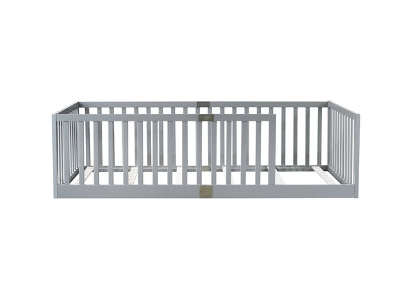 English Elm Twin House Frame Floor Bed Rubberwood with Roof Canopy and Safety Rails for Kids Grey W504P429529