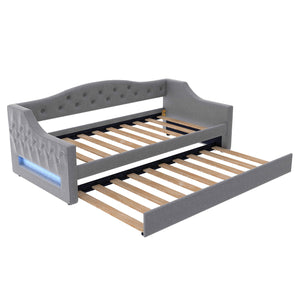 English Elm Upholstered Twin XL Daybed with Built-In LED Belt and Trundle, Linen Backrest, Modern Guest Bed Gray DL002050AAE