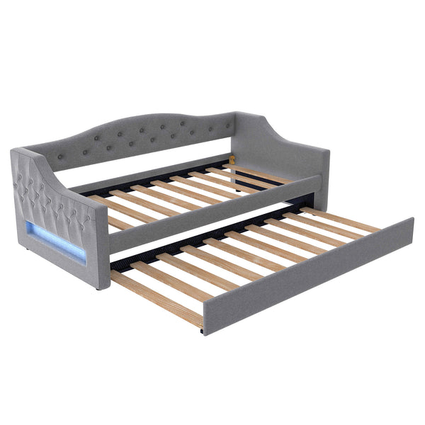 English Elm Upholstered Twin XL Daybed with Built-In LED Belt and Trundle, Linen Backrest, Modern Guest Bed Gray DL002050AAE