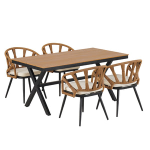 English Elm U_Style Modern Outdoor Dining Set with PE Rattan Chairs & Durable Plastic Wood Table, Sturdy Dark yellow WY000438AAO