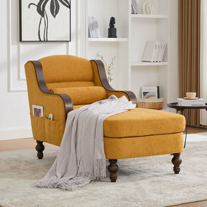 English Elm UNITED Oversized Chaise Lounge Sofa Bed with Solid Wood Arms, High-Resilience Foam, 800lb Capacity and Storage Pockets Mustard yellow W1568S00211