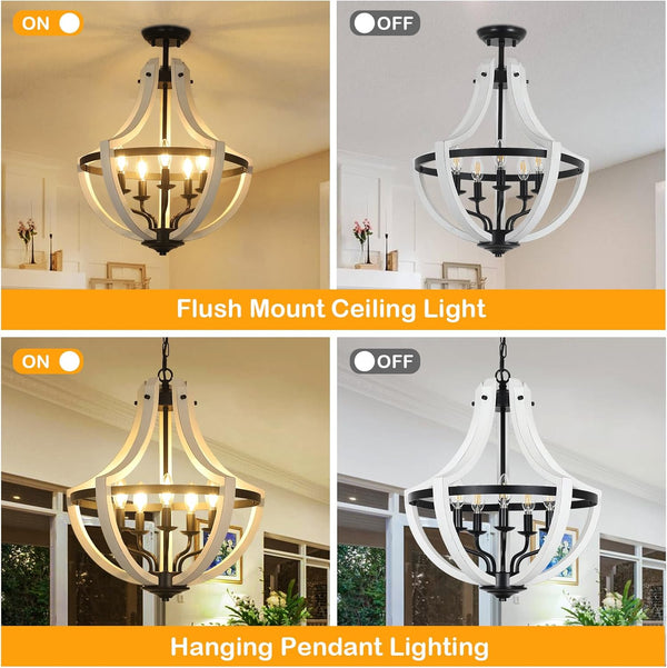 English Elm 5-Light Farmhouse Chandelier Vintage Geometric Wooden Frame Metal Fixture for Dining Room Foyer White W2738P242329