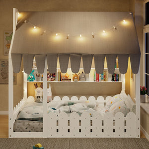 English Elm {slats Are Not Included} Twin Montessori House Floor Bed Kids Tent Lights Shelves Pinewood Frame White N708P407963K