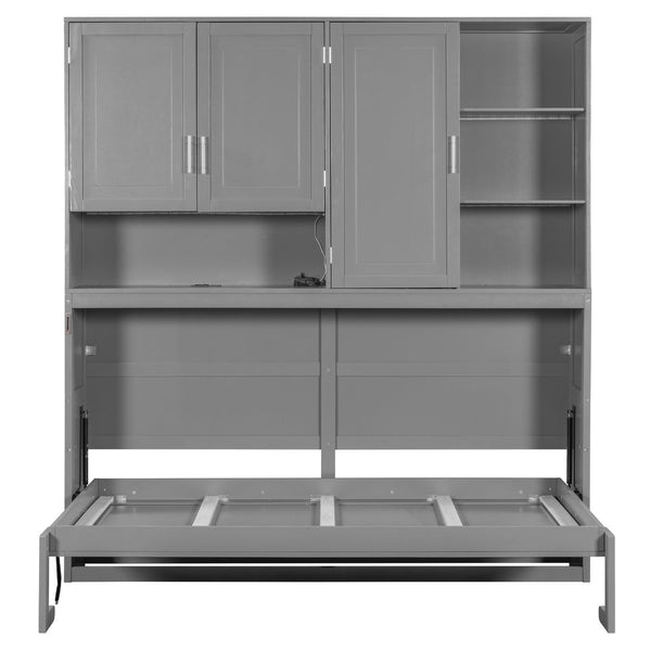 English Elm Twin Murphy Bed with Cabinet Shelves Built in Lighting Usb Ports Space Saving Wall Unit Gray LP000389AAE-1