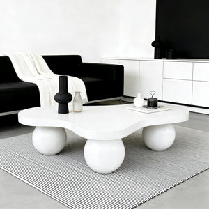 English Elm 46 Inch Cloud Shaped Coffee Table with Ash Veneer Top and Sculptural Sphere Legs White W3935S00007