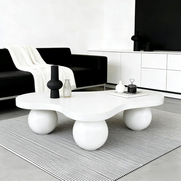 English Elm 46 Inch Cloud Shaped Coffee Table with Ash Veneer Top and Sculptural Sphere Legs White W3935S00007