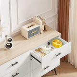 English Elm 6 Drawer Dresser For Bedroom With Deep Drawers, Wood Dressers & Chest Of Drawers, Modern White Long Dressers For Closet Living Room, 47.2"W X 15.7"D X 31.5"H, White & Oak