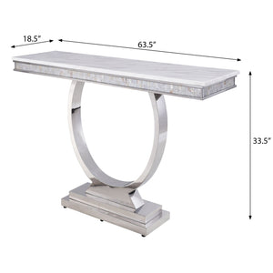 English Elm White Cultured Marble Sofa Table with Mirrored Silver Stainless Steel Frame, 63.5" Wide Elegance B062S00457