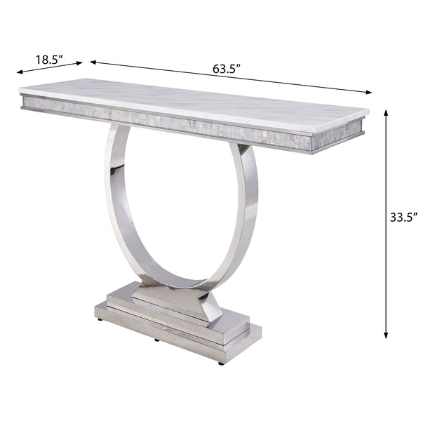 English Elm White Cultured Marble Sofa Table with Mirrored Silver Stainless Steel Frame, 63.5" Wide Elegance B062S00457