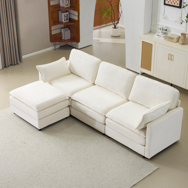 English Elm 104" Plush Cloud Modular 3-Seater Sofa with Ottoman, Beige Corduroy, High-Resilience Foam Comfort W1829S00063