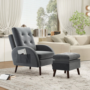 English Elm Upholstered Velvet Accent Chair and Ottoman with Storage, Tufted Design, 6-Level Adjustable Backrest Dark Gray T3623P411376